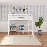 KNOCKOUT8 XL WP : Storage & Study Loft Beds Twin XL High Loft w/angled ladder, long desk, 22.5" low bookcase, Panel, White