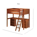KNOCKOUT9 CP : Storage & Study Loft Beds Twin High Loft w/angled ladder, long desk, 22.5" low bookcase, 3 drawer nightstand, Panel, Chestnut