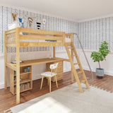KNOCKOUT9 NS : Storage & Study Loft Beds Twin High Loft w/angled ladder, long desk, 22.5" low bookcase, 3 drawer nightstand, Slat, Natural