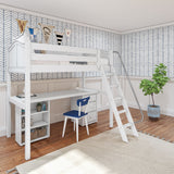 KNOCKOUT9 WC : Storage & Study Loft Beds Twin High Loft w/angled ladder, long desk, 22.5" low bookcase, 3 drawer nightstand, Curve, White