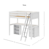 KNOCKOUT9 WP : Storage & Study Loft Beds Twin High Loft w/angled ladder, long desk, 22.5" low bookcase, 3 drawer nightstand, Panel, White