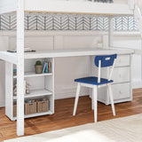 KNOCKOUT9 WP : Storage & Study Loft Beds Twin High Loft w/angled ladder, long desk, 22.5" low bookcase, 3 drawer nightstand, Panel, White