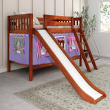 LAUGH56 CS : Play Bunk Beds Twin Low Bunk Bed with Angled Ladder, Curtain + Slide, Slat, Chestnut