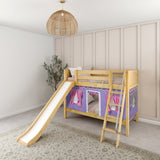 LAUGH56 NP : Play Bunk Beds Twin Low Bunk Bed with Angled Ladder, Curtain + Slide, Panel, Natural