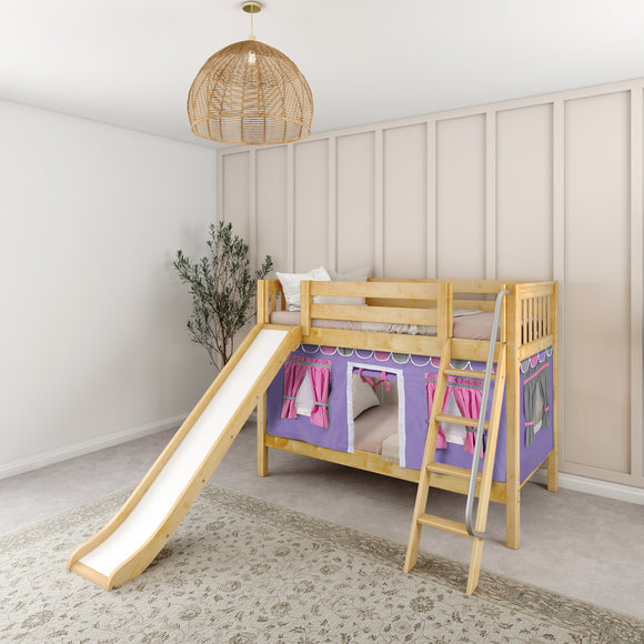 LAUGH56 NS : Play Bunk Beds Twin Low Bunk Bed with Angled Ladder, Curtain + Slide, Slat, Natural