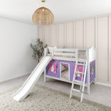 LAUGH56 WC : Play Bunk Beds Twin Low Bunk Bed with Angled Ladder, Curtain + Slide, Curve, White