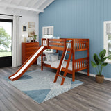 LAUGH CS : Play Bunk Beds Twin Low Bunk Bed with Slide and Angled Ladder on Front, Slat, Chestnut