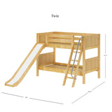 LAUGH NP : Play Bunk Beds Twin Low Bunk Bed with Slide and Angled Ladder on Front, Panel, Natural