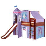 MARVELOUS27 CP : Play Loft Beds Twin Low Loft Bed with Straight Ladder, Curtain, Top Tent, Tower + Slide, Panel, Chestnut