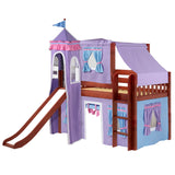 MARVELOUS27 CS : Play Loft Beds Twin Low Loft Bed with Straight Ladder, Curtain, Top Tent, Tower + Slide, Slat, Chestnut