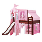 MARVELOUS64 CP : Play Loft Beds Twin Low Loft Bed with Straight Ladder, Curtain, Top Tent, Tower + Slide, Panel, Chestnut