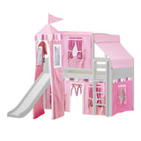 MARVELOUS64 WP : Play Loft Beds Twin Low Loft Bed with Straight Ladder, Curtain, Top Tent, Tower + Slide, Panel, White