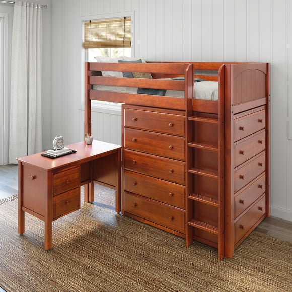 MASTER21 CP : Storage & Study Loft Beds Twin High Loft Bed with Straight Ladder on Front with Desk and 2 x Dresser - Panel, Chestnut