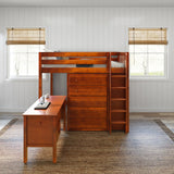 MASTER21 CS : Storage & Study Loft Beds Twin High Loft Bed with Straight Ladder on Front with Desk and 2 x Dresser - Slat, Chestnut