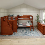 MIDDLE CS : Multiple Bunk Beds Full Medium Corner Bunk Bed with Ladder + Stairs - L, Slat, Chestnut