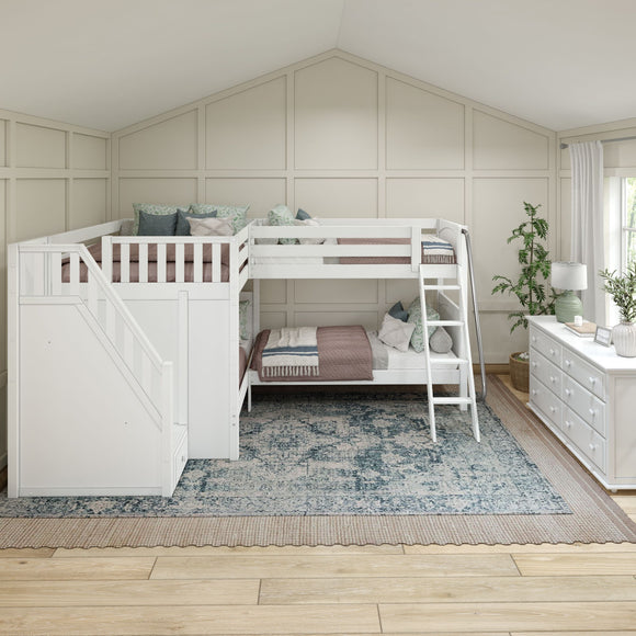 MIDDLE WP : Quad Corner Bunk Full Medium Corner Bunk Bed with Ladder + Stairs - L, Panel, White