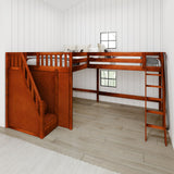 PEAK CS : Corner Loft Beds Full + Twin High Corner Loft Bed with Ladder + Stairs - L, Slat, Chestnut