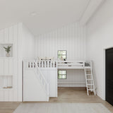 PEAK WS : Corner Loft Beds Full + Twin High Corner Loft Bed with Ladder + Stairs - L, Slat, White