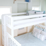 PLUSH XL 1 WS : Staggered Bunk Beds Twin XL over Queen High Bunk Bed with Straight Ladder on End, Slat, White