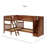 QUAD CS : Multiple Bunk Beds Twin High Corner Bunk Bed with Angled Ladder and Stairs on Right, Slat, Chestnut