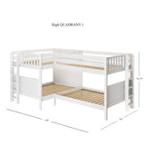 QUADRANT 1 WP : Multiple Bunk Beds Full + Twin High Corner Bunk with Straight Ladders on Ends, White, Panel