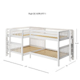 QUADRANT 1 WS : Multiple Bunk Beds Full + Twin High Corner Bunk with Straight Ladders on Ends, Slat, White