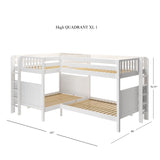 QUADRANT XL 1 WP : Multiple Bunk Beds Full XL + Twin XL High Corner Bunk with Straight Ladders on Ends, White, Panel