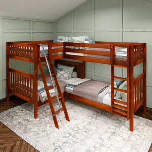 QUADRANT XL CS : Multiple Bunk Beds Twin XL over Full XL High Corner Bunk Bed with Angled and Straight Ladder, Slat, Chestnut