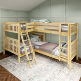 QUADRANT XL NS : Multiple Bunk Beds Twin XL over Full XL High Corner Bunk Bed with Angled and Straight Ladder, Slat, Natural