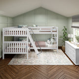 QUADRANT XL WS : Multiple Bunk Beds Twin XL over Full XL High Corner Bunk Bed with Angled and Straight Ladder, Slat, White