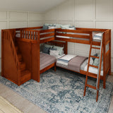 QUADRUPLE CS : Multiple Bunk Beds Full + Twin High Corner Bunk with Angled Ladder and Stairs on Left, Slat, Chestnut