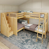 QUADRUPLE NS : Multiple Bunk Beds Full + Twin High Corner Bunk with Angled Ladder and Stairs on Left, Slat, Natural