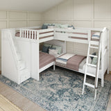 QUADRUPLE WC : Multiple Bunk Beds Full + Twin High Corner Bunk with Angled Ladder and Stairs on Left, Curve, White