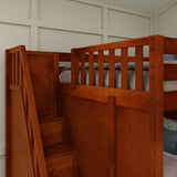 QUADRUPLE XL CP : Multiple Bunk Beds Full XL + Twin XL High Corner Bunk with Angled Ladder and Stairs on Left, Panel, Chestnut