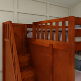 QUADRUPLE XL CS : Multiple Bunk Beds Full XL + Twin XL High Corner Bunk with Angled Ladder and Stairs on Left, Slat, Chestnut