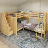 QUADRUPLE XL NP : Multiple Bunk Beds Full XL + Twin XL High Corner Bunk with Angled Ladder and Stairs on Left, Panel, Natural