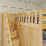 QUADRUPLE XL NP : Multiple Bunk Beds Full XL + Twin XL High Corner Bunk with Angled Ladder and Stairs on Left, Panel, Natural