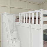 QUADRUPLE XL WC : Multiple Bunk Beds Full XL + Twin XL High Corner Bunk with Angled Ladder and Stairs on Left, Curve, White