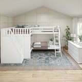 QUADRUPLE XL WC : Multiple Bunk Beds Full XL + Twin XL High Corner Bunk with Angled Ladder and Stairs on Left, Curve, White