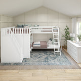 QUADRUPLE XL WP : Multiple Bunk Beds Full XL + Twin XL High Corner Bunk with Angled Ladder and Stairs on Left, Panel, White