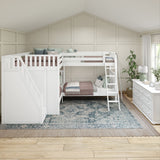 QUADRUPLE XL WS : Multiple Bunk Beds Full XL + Twin XL High Corner Bunk with Angled Ladder and Stairs on Left, Slat, White