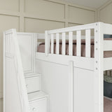 QUADRUPLE XL WS : Multiple Bunk Beds Full XL + Twin XL High Corner Bunk with Angled Ladder and Stairs on Left, Slat, White