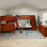 QUANTUM CP : Multiple Bunk Beds Full + Twin High Corner Bunk with Angled Ladder and Stairs on Right, Panel, Chestnut