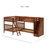 QUANTUM CS : Multiple Bunk Beds Full + Twin High Corner Bunk with Angled Ladder and Stairs on Right, Slat, Chestnut