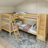 QUANTUM NS : Multiple Bunk Beds Full + Twin High Corner Bunk with Angled Ladder and Stairs on Right, Slat, Natural