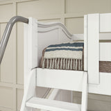 QUANTUM WC : Multiple Bunk Beds Full + Twin High Corner Bunk with Angled Ladder and Stairs on Right, Curve, White