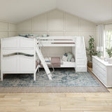 QUANTUM WC : Multiple Bunk Beds Full + Twin High Corner Bunk with Angled Ladder and Stairs on Right, Curve, White