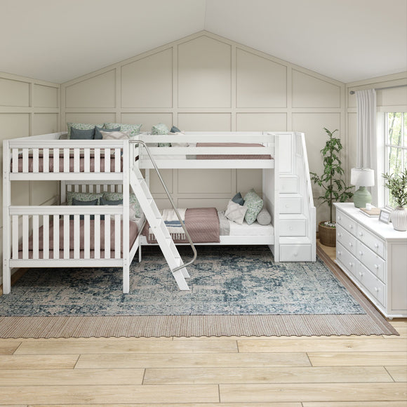 QUANTUM WS : Multiple Bunk Beds Full + Twin High Corner Bunk with Angled Ladder and Stairs on Right, Slat, White