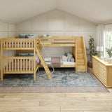 QUANTUM XL NS : Multiple Bunk Beds Full XL + Twin XL High Corner Bunk with Angled Ladder and Stairs on Right, Slat, Natural