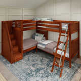 QUARTILE XL CP : Multiple Bunk Beds Twin XL High Corner Bunk with Angled Ladder and Stairs on Left, Panel, Chestnut